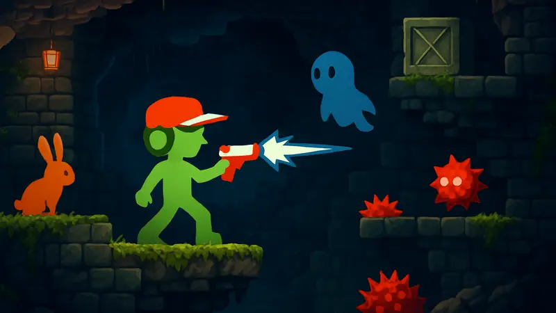 Скриншот игрового процесса Cave Story+ с персонажем Квотом и врагами, выполненный в HD-графике.