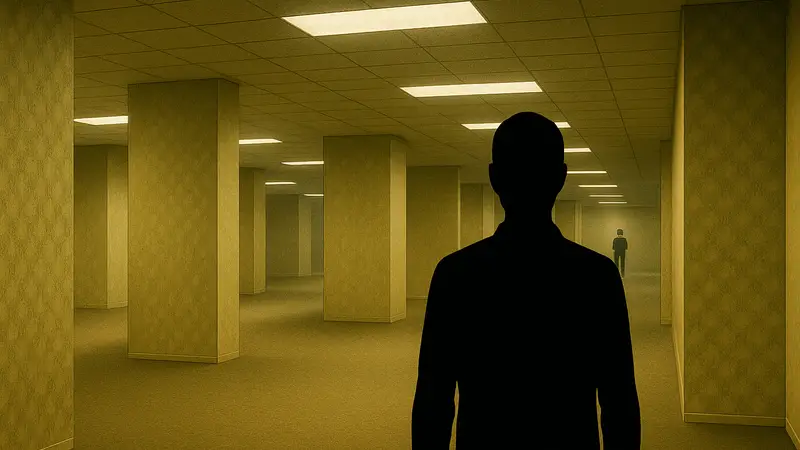 Атмосферное изображение жёлтых коридоров из фильма Backrooms с таинственной фигурой вдали.