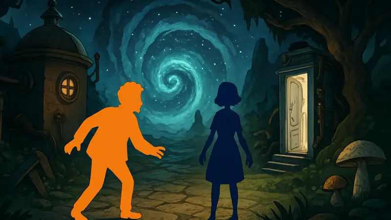 Кадр из игры Whirlight: No Time To Trip с персонажами Гектором и Маргарет, исследующими необычное окружение.