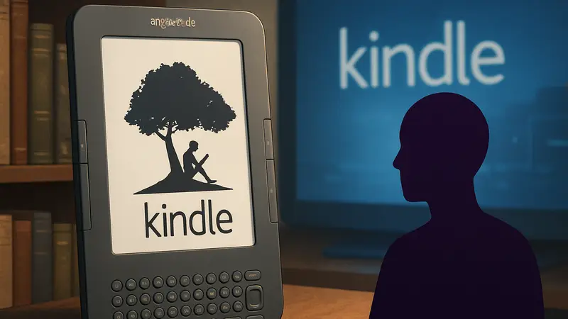 Изображение электронной книги Amazon Kindle старой модели, логотип Kindle, книги, технологии.