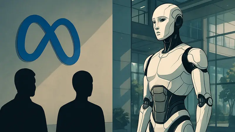 Логотип Meta и человекоподобный робот, символ покупки Assured Robot Intelligence для ИИ.