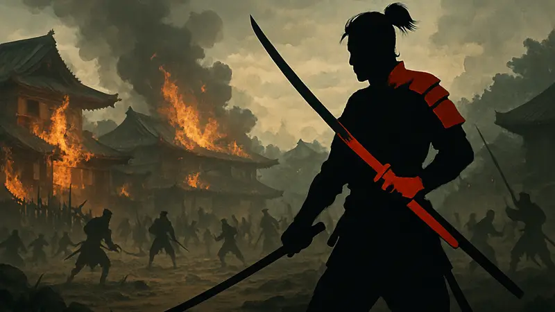 Самурай с мечом на фоне битвы в игре Onimusha.