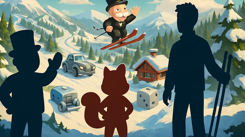Обложка события Diddly Slopes в Monopoly GO с изображением персонажей игры и игровых фишек.