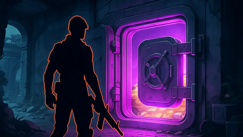 Игрок Fortnite стоит у открытого Эпического Спрайт-сейфа с ярким фиолетовым свечением