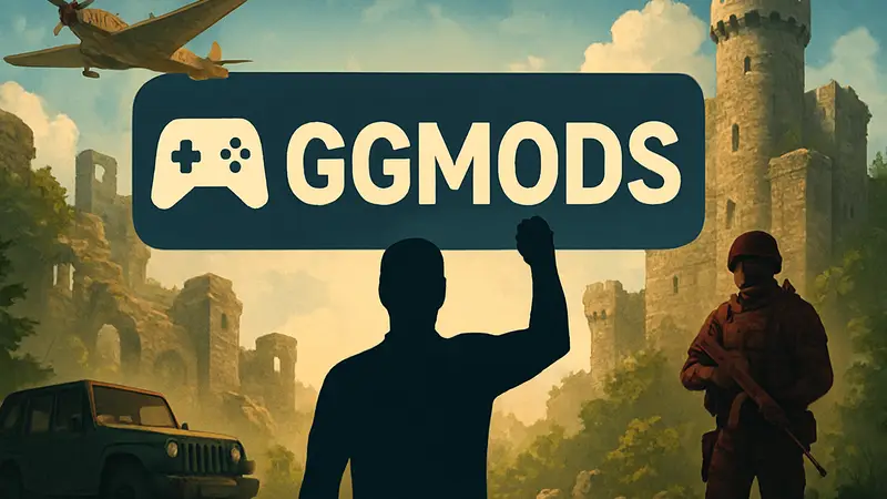 Логотип GGMods на фоне игровых модификаций, анонс шоу и призов