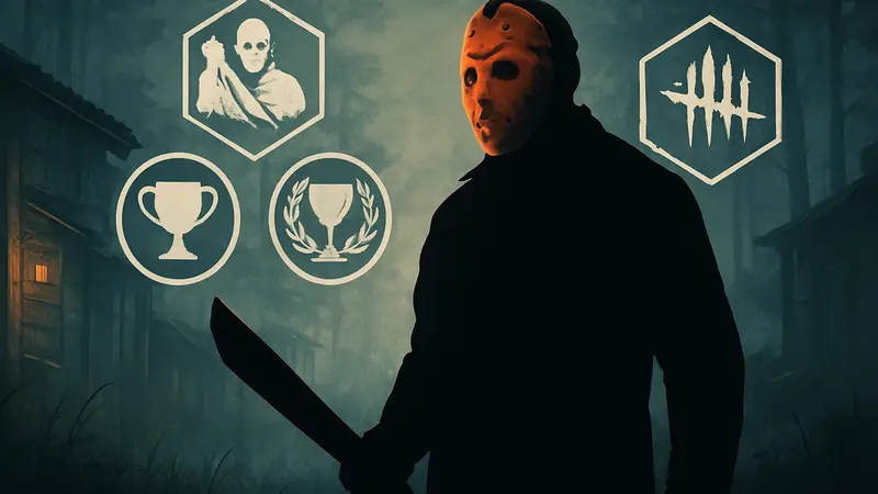 Изображение маньяка Джейсона Вурхиза в игре Dead by Daylight, на фоне видны достижения и трофеи.