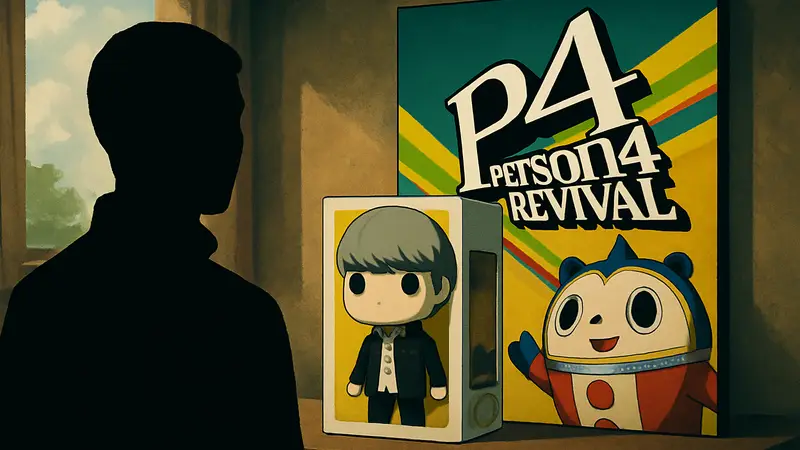 Логотип Persona 4 Revival и коробка Funko Pop.