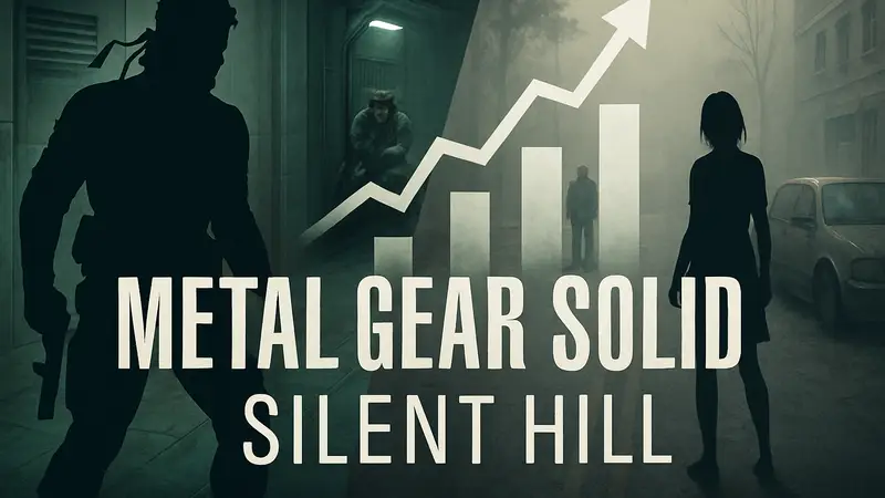 Логотипы Metal Gear Solid и Silent Hill на фоне скриншотов из игр Konami, демонстрирующие рост продаж.