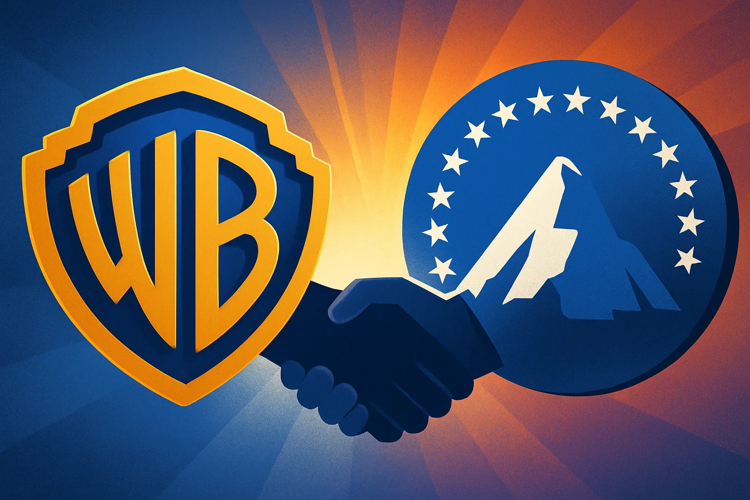 Логотипы Warner Bros. Discovery и Paramount Skydance, символизирующие сделку о поглощении медиакомпаний.