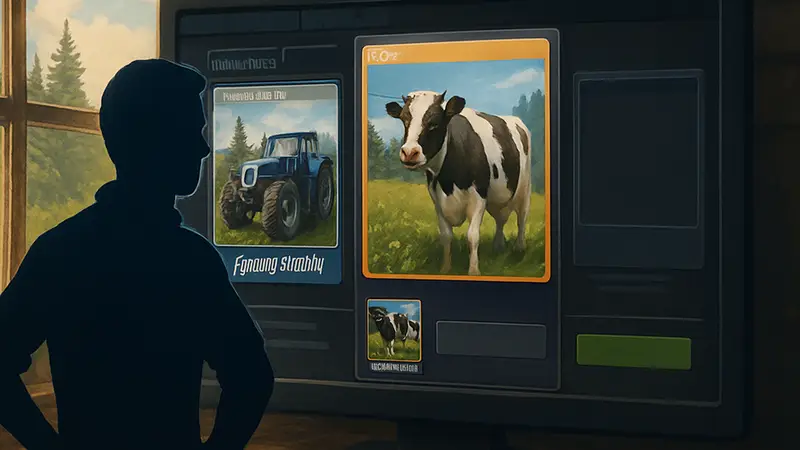 Скриншот Steam Trading Cards из Farming Simulator 15, демонстрирующий редкую карточку коровы и ее высокую стоимость на торговой площадке.
