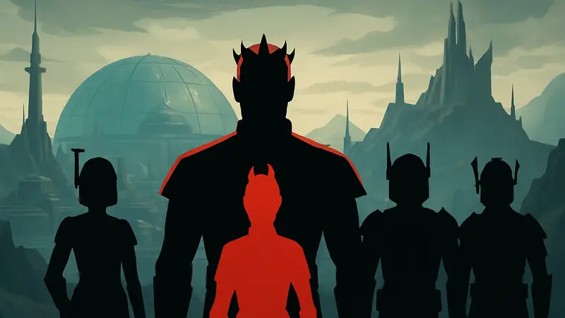 Дарт Мол, Рук Каст и члены Теневого Коллектива на фоне Мандалора в Звездных войнах.