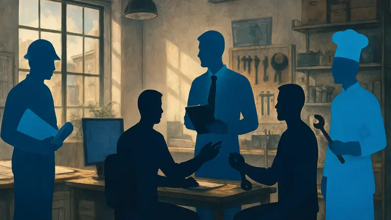 Группа людей разных профессий, работающих вместе, символизирующая многопрофильность.