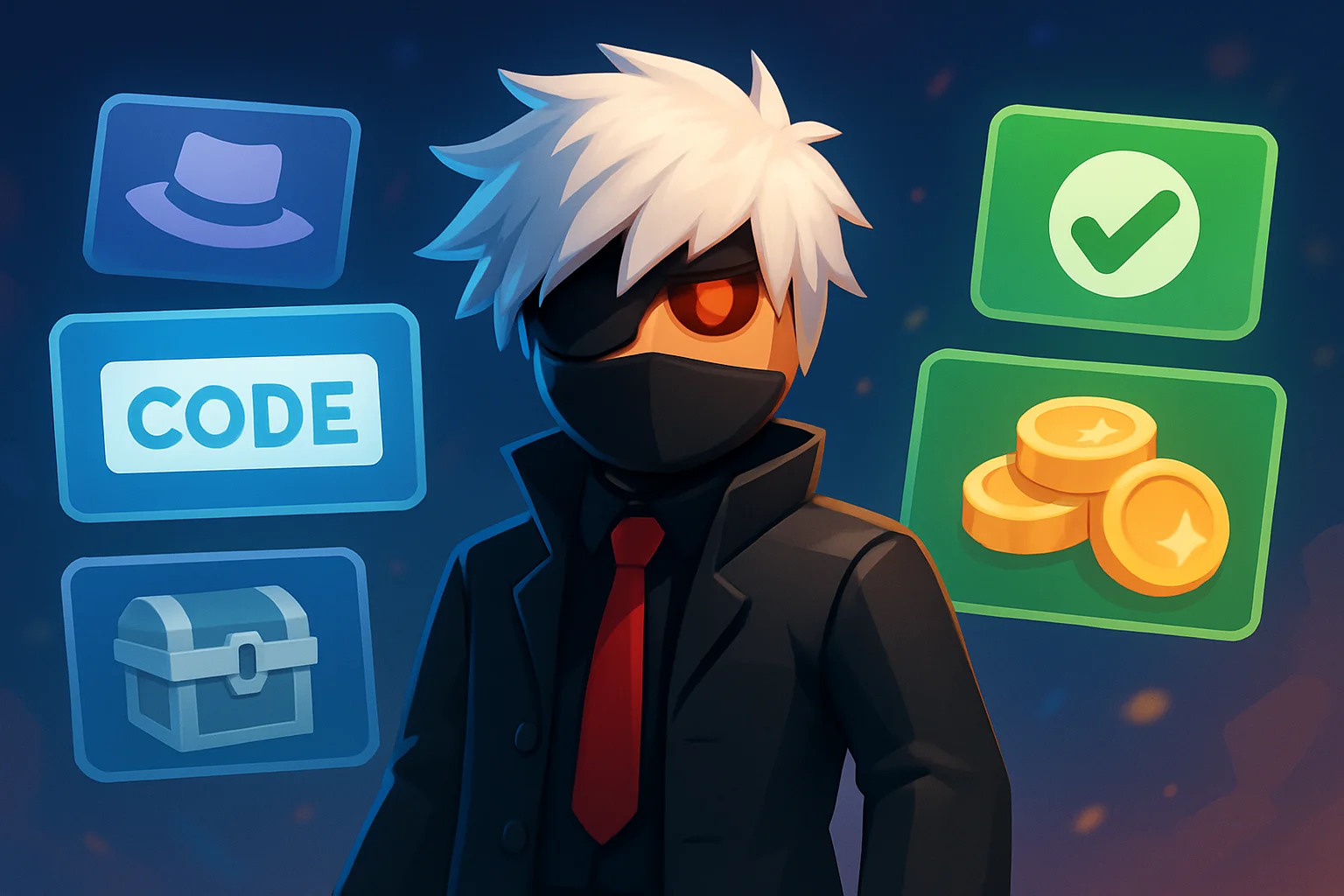 Игровой персонаж из Roblox Ghoul Re, окруженный всплывающими окнами с кодами и бонусами.