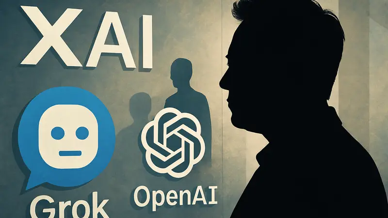 Илон Маск и логотипы xAI, Grok и OpenAI, символизирующие использование моделей ИИ и технологии.