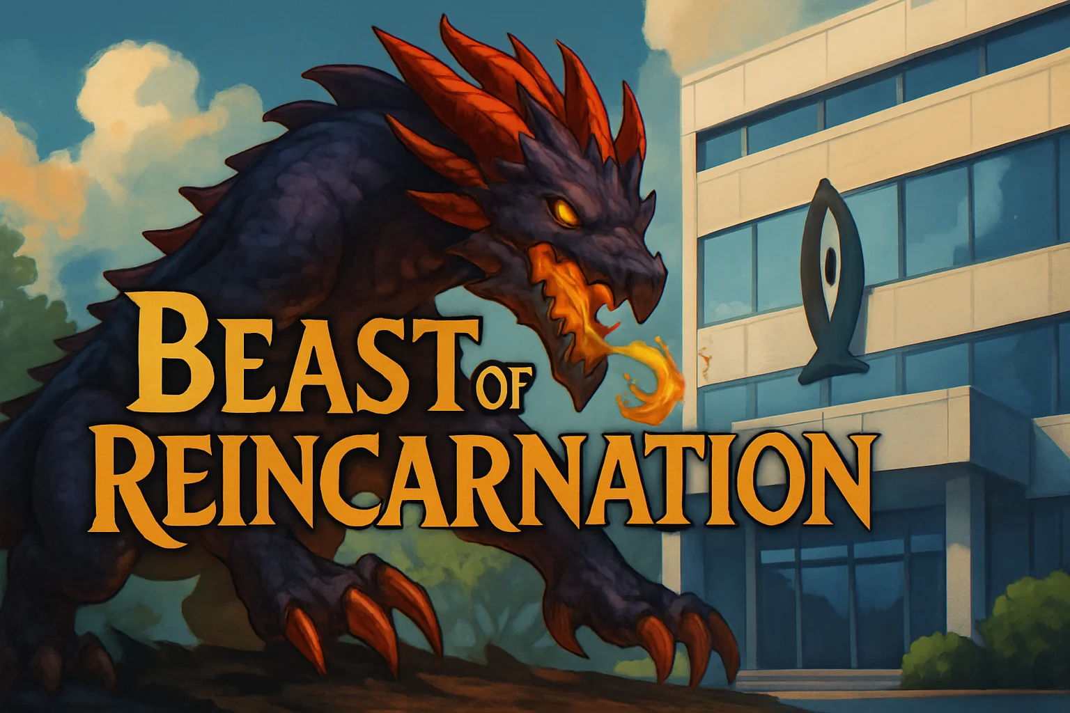 Логотип Beast of Reincarnation с фэнтезийным монстром на фоне студии Game Freak