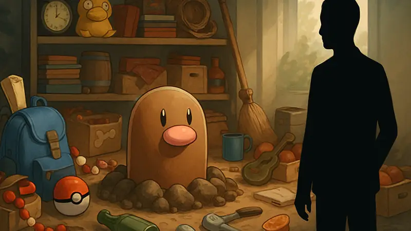 Покемон Диглетт, изображенный в игре Pokémon Pokopia, окруженный множеством разных предметов