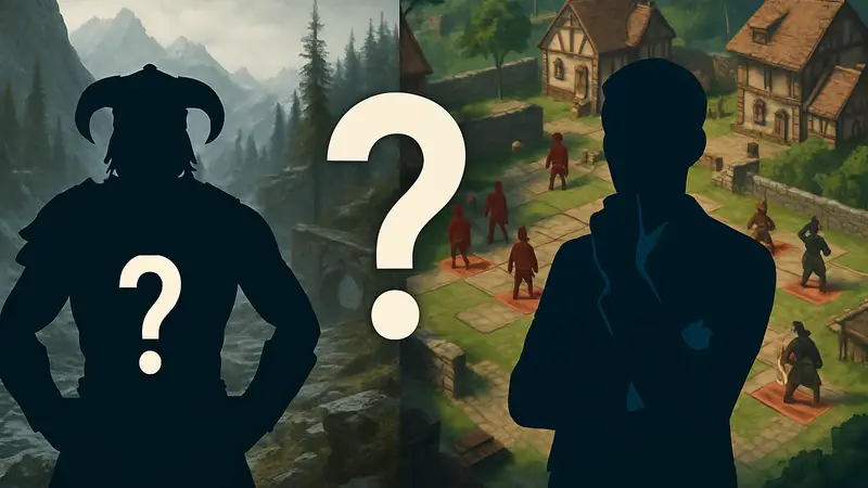Игровые сцены из Skyrim и тактической RPG, представляющие викторину 'Угадай игру'