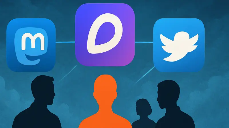 Логотип Indigo на фоне иконок социальных сетей Mastodon и Bluesky, символизирующих объединение.