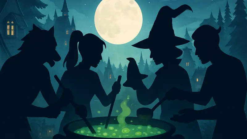 Персонажи из игры Moonlight Peaks готовят суп, показывая процесс кулинарного конкурса Mastersoup.