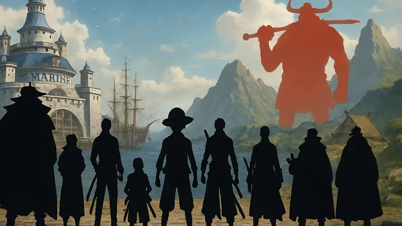 Персонажи One Piece из арки Маринфорд и намёк на будущую арку Элбафа.