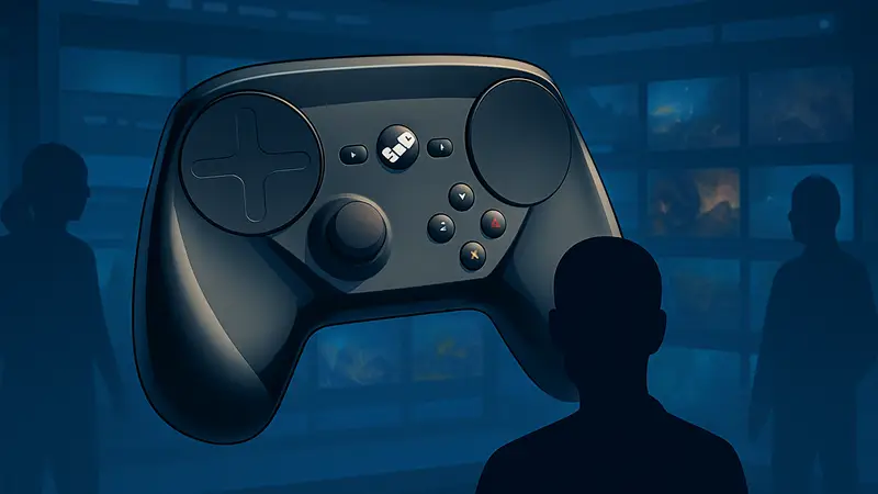 Игровой контроллер Steam Controller от Valve на фоне интерфейса Steam.