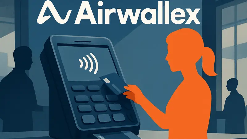 Логотип Airwallex на фоне терминала для оплаты картой, символизирующего офлайн-платежи.