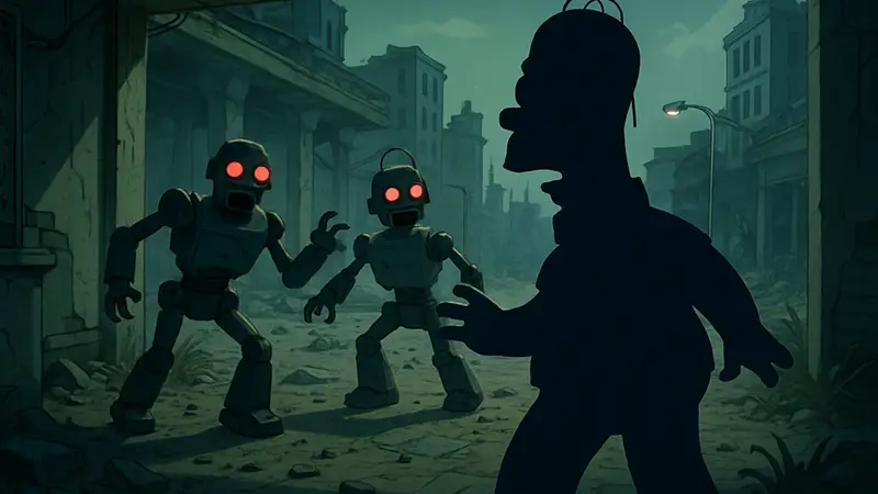 Игровой скриншот Y2K: The Game с Гомером Симпсоном и обезумевшими роботами