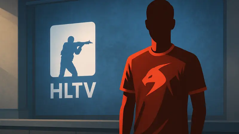 Польский киберспортсмен cej0t в форме новой команды Phantom на фоне логотипа HLTV.