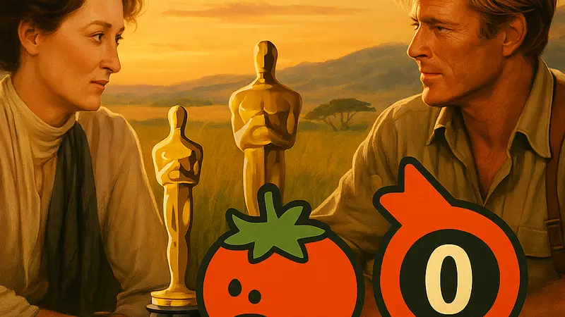 Постер к фильму «Из Африки» с Мерил Стрип и Робертом Редфордом, на фоне низкого рейтинга Rotten Tomatoes.