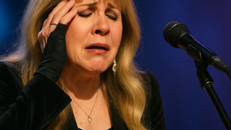 Стиви Никс, участница группы Fleetwood Mac, во время выступления или интервью, выражающая эмоции