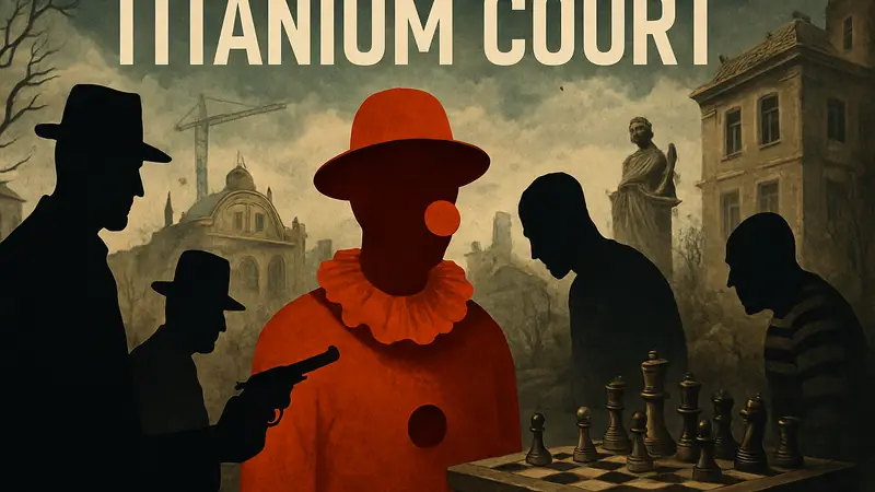 Обложка игры Titanium Court с изображением сюрреалистических персонажей и элементов стратегии
