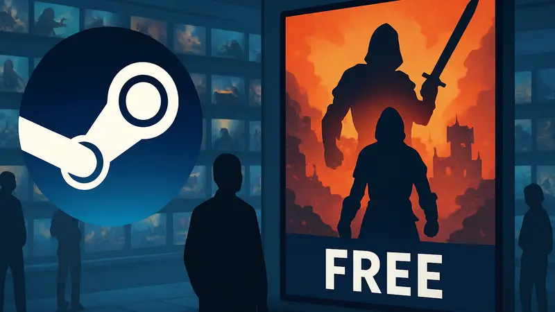 Логотип Steam и изображение бесплатной игры на фоне игровой библиотеки. Скриншот из магазина Steam.