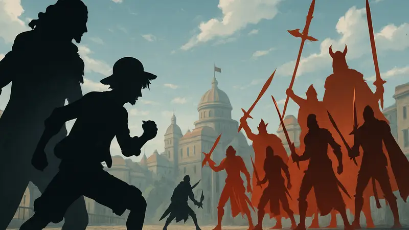 Ключевые персонажи и Святые Рыцари из аниме One Piece в момент решающей схватки.