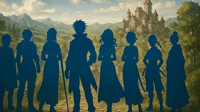 Восемь героев Octopath Traveler, стоящие вместе на фоне фэнтезийного мира. РПГ гайд по саб-классам.
