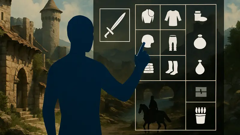 Игровой мир Crimson Desert с элементами инвентаря и интерфейса.