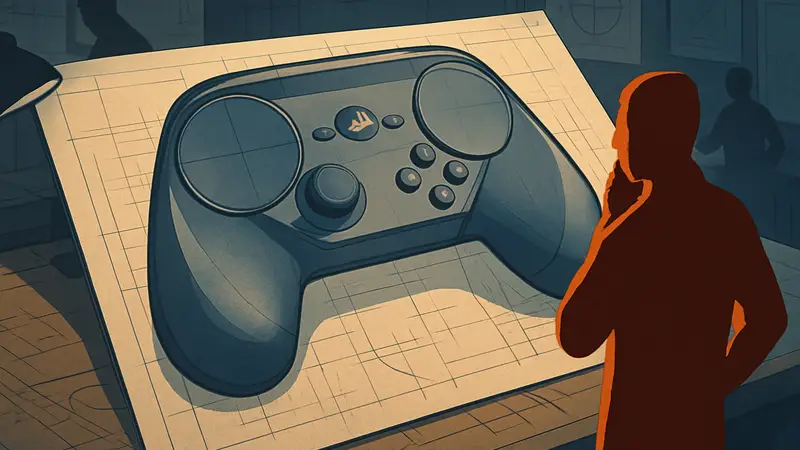 Игровой контроллер Steam Controller на дизайнерском чертеже, символизирующий долгую разработку.