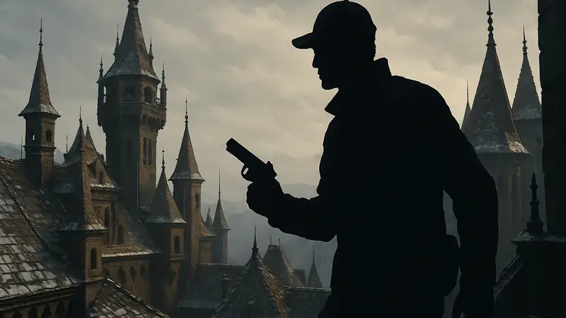 Игрок осматривает крыши Замка Димитреску в Resident Evil Village в поисках скрытых предметов