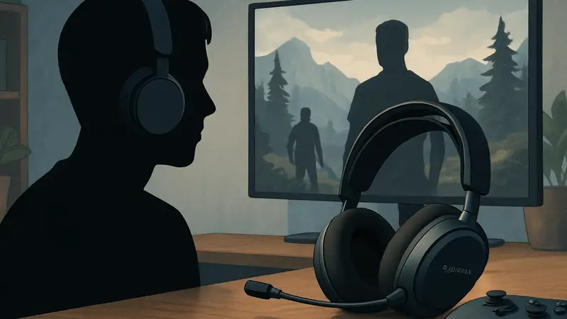 Беспроводная игровая гарнитура SteelSeries Arctis Nova 7X Gen 2 на столе рядом с геймпадом.