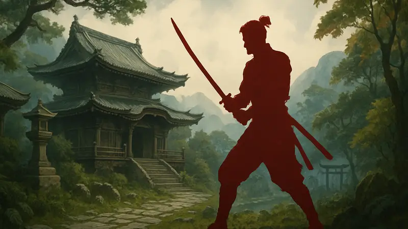 Логотип игры Onimusha: Way of the Sword, самурай с мечом в японском стиле.