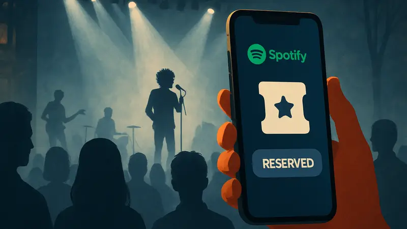 Приложение Spotify на экране смартфона, предлагающее билеты на концерт для суперфанатов.