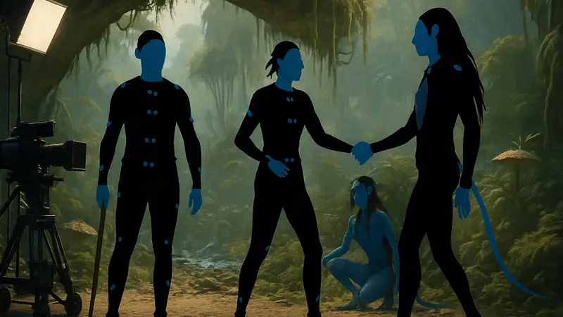 Закулисный кадр Avatar: Fire and Ash с актёрами в костюмах для мокапа