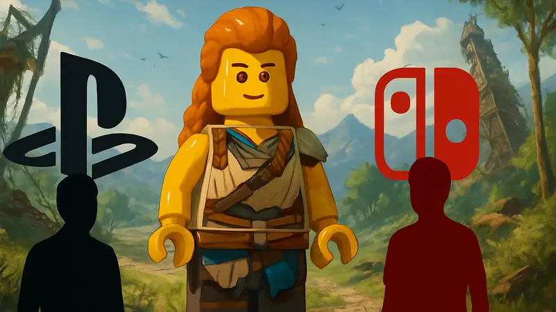 Логотип PlayStation 5 и Nintendo Switch 2, разделённые фигуркой LEGO Horizon.