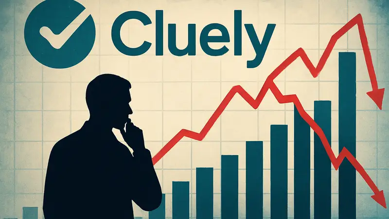 Логотип компании Cluely на фоне графика доходов, показывающего обман и неправдивую информацию о выручке