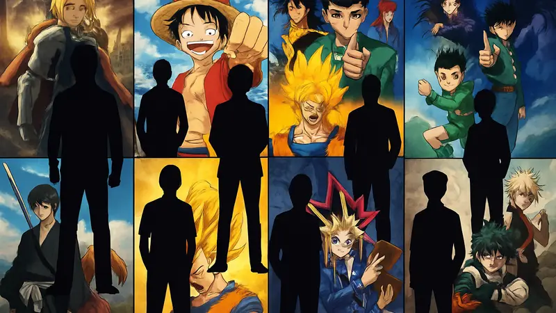 Коллаж из десяти постеров классических сёнен-аниме, таких как Fullmetal Alchemist, Attack on Titan и One Piece.