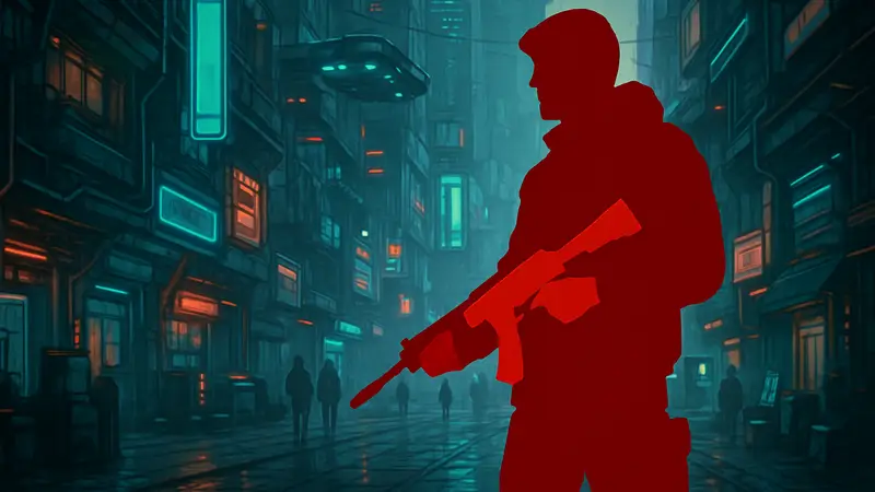 Иммерсивный симулятор NO LAW, концепт-арт игры, персонаж с оружием на футуристической улице.