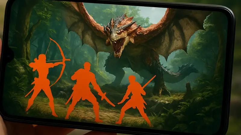 Скриншот Monster Hunter Outlanders с монстром и охотниками на мобильном устройстве