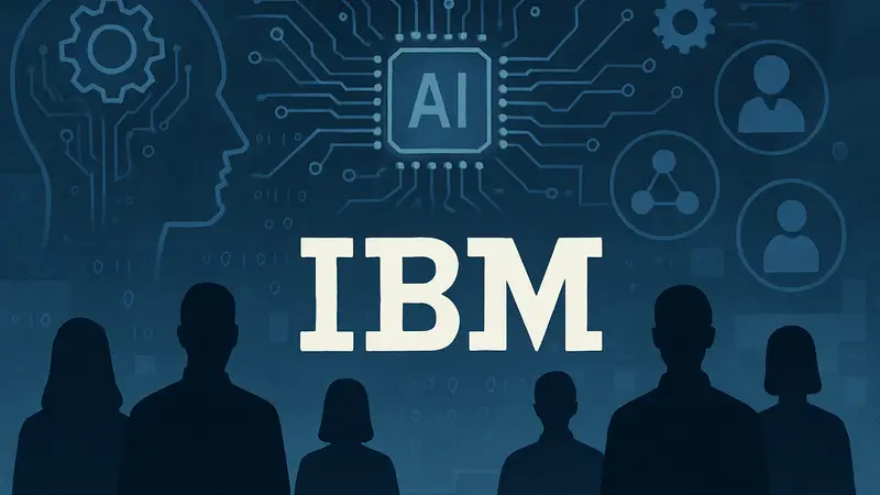 Логотип IBM на фоне символов искусственного интеллекта или схематического найма.