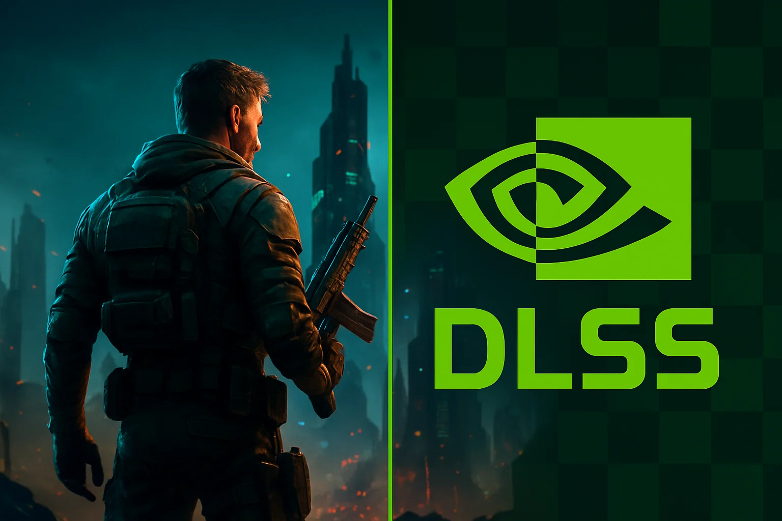 Сравнение качества графики с DLSS 4.5 и без него, или логотип NVIDIA DLSS.