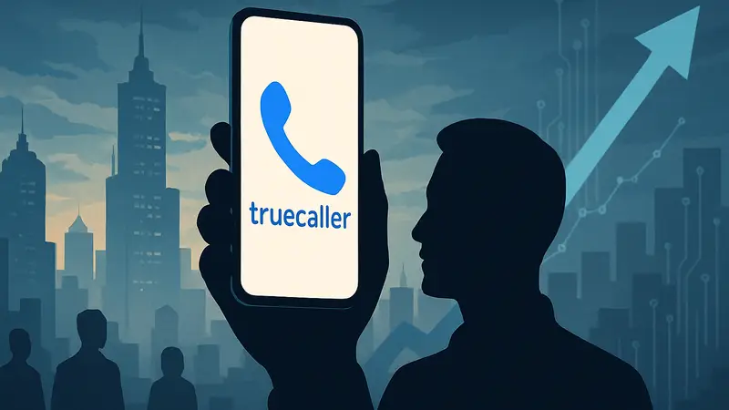 Логотип Truecaller на экране смартфона, символизирующий рост и новые технологии.