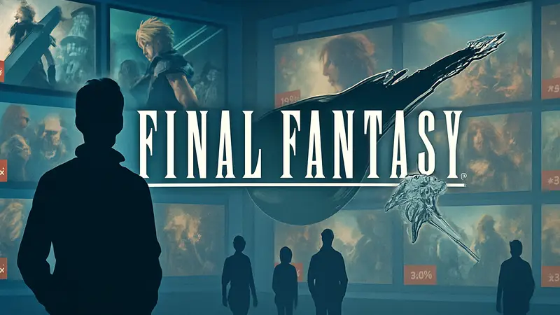 Логотип Final Fantasy на фоне распродажи игр серии в Steam.
